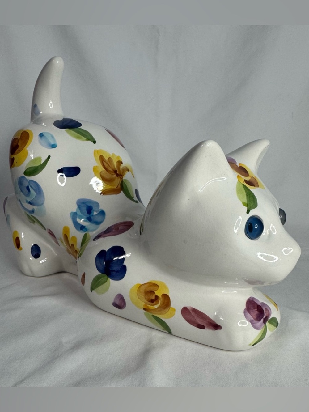 Vintage Floral Cat 10" Figurine Hand Painted Bright Blue Eyes Portugal Pottery - Picture 4 of 14